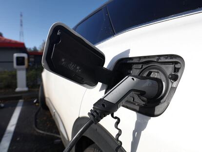 An electric vehicle at a charging station in Belgium; November 25, 2023.