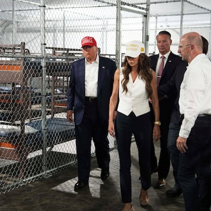 President Donald Trump, Gov. Ron DeSantis, R-Fla., and Homeland Security Secretary Kristi Noem, and others, tour "Alligator Alcatraz," a new migrant detention facility at Dade-Collier Training and Transition facility, Tuesday, July 1, 2025, in Ochopee, Fla. (AP Photo/Evan Vucci)