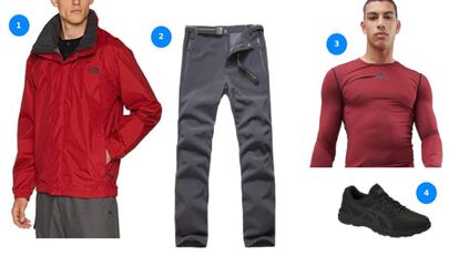 1.Chaqueta impermeable de North Face que puedes encontrar en Amazon. 2.Pantalón en tejido ‘softshell’ a la venta en Amazon. 3.Camiseta térmica de manga larga, de Asos. 4.Zapatillas GEL MISSION 3, de Asics.