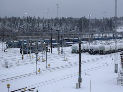 Freight cars are seen at the Vainikkala rail yard in Lappeenranta, southeastern Finland, on November 29, 2023.