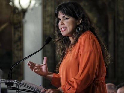 La candidata de Adelante Andalucía, Teresa Rodríguez, este jueves en Sevilla.