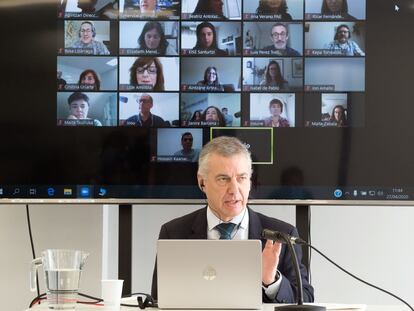 El lehendakari, Iñigo Urkullu, este pasado lunes en una videoconferencia con agentes educativos.