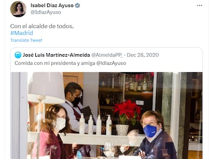 Una foto de la presidenta madrileña, Isabel Díaz Ayuso, y del alcalde de Madrid, José Luis Martínez-Almeida, tuiteada el 28 de diciembre de 2020 por él y retuiteada por ella.