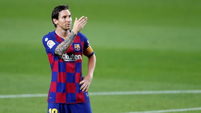 Leo Messi durante celebra el segundo gol del Barcelona al Leganés.