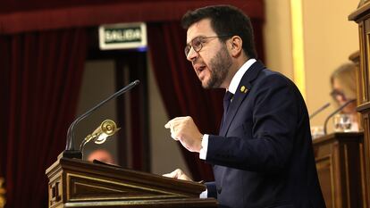 Pere Aragonès, este jueves durante su intervención en el Senado.