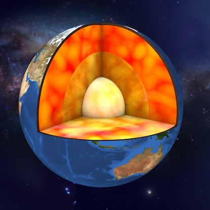Internal structure of the Earth, cutaway computer illustration. From the centre outwards, the four layers shown in the image are: inner core, outer core, mantle, and crust