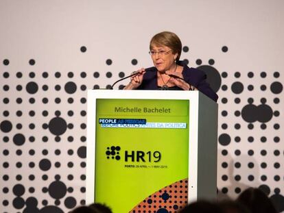 Michelle Bachelet, alta comisionada de la ONU para los Derechos Humanos, en la conferencia de reducción de daños de Oporto. 