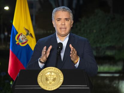 El presidente Iván Duque durante una declaración este lunes, en Bogotá.