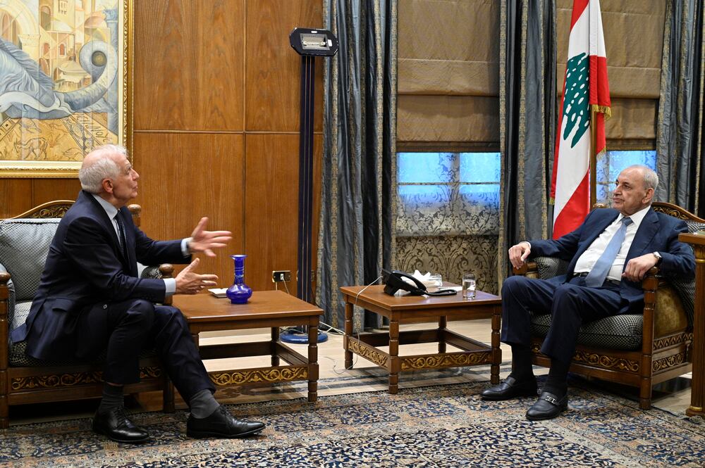 Beirut (Lebanon), 24/11/2024.- European Union High Representative for Foreign Affairs and Security Policy Josep Borrell (L) meets with Lebanese Parliament Speaker Nabih Berri (R) in Beirut, Lebanon, 24 November 2024. Borrell is on a five-day tour in the Middle East during which he will visit Jordan, Cyprus and Lebanon. More than 3,670 people have been killed and more than 15,400 others injured in Lebanon since the escalation in hostilities between Israel and Hezbollah, Lebanon's Ministry of Health stated. (Chipre, Jordania, Lbano, Hizbul/Hezbol) EFE/EPA/WAEL HAMZEH
