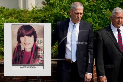 A photo of Karen Vergata is displayed at a news conference on August 4, 2023, in Hauppauge, New York.