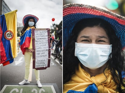 “Dicen que estas marchas son de los jóvenes pero también son de nosotros los cuchos (viejos), son de todos”, asegura Yolanda Rico, profesora de biología en un colegio público. Cubierta con una bandera de Colombia, sombrero de colores y tapabocas, esta mujer de 52 años lleva un mes marchando. Comenzó el 28 de abril y dice que no ha parado. “A los muchachos los están masacrando, desapareciendo. Por eso estoy acá”, afirma y enumera el listado de razones que tiene escritas en un cartón de leche, a manera de lección en un tablero de clase. “No pedimos asistencialismo ni limosna, no se trata de que le den a la gente 160.000 pesos (40 dólares que entrega el Gobierno de Iván Duque a los más pobres), sino de rescatar el trabajo digno y que volvamos a tener prestaciones sociales decentes, que los muchachos no terminen el estudio y se queden en el aire, sin opciones”.