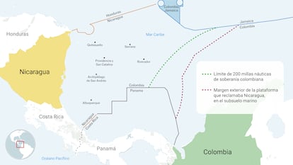 Mapa de la zona en disputa con el detalle sobre las reclamaciones de Colombia y Nicaragua.