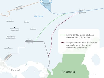 Mapa de la zona en disputa con el detalle sobre las reclamaciones de Colombia y Nicaragua.