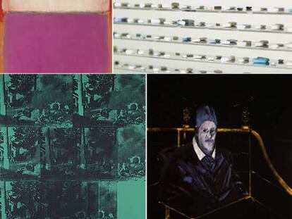 Arriba, <i>Centro blanco</i> (izquierda), de Mark Rothko, y <i>Lullaby Winter</i>, de Damien Hirst. Abajo, <i>Green car crash</i>, de Warhol, y <i>Estudio de Inocencio X, </i><b>de Bacon.</b>