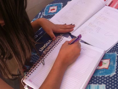 Maria Carolina estudando em casa.