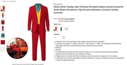Captura de uno de los resultados que arroja la web de Amazon cuando buscamos "traje Joker". Los precios en esta plataforma van de los 60 a los 120 euros.