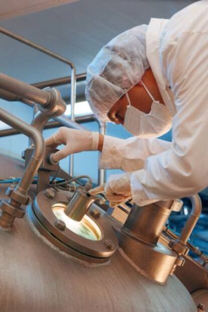 Un empleado de Sancor revisa un lote de leche en una de sus fábricas.