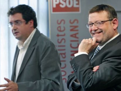 &Oacute;scar L&oacute;pez y Ximo Puig, en la sede del PSPV-PSOE. 