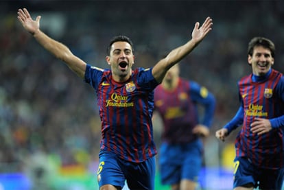 Xavi celebra el segundo gol del Barça.