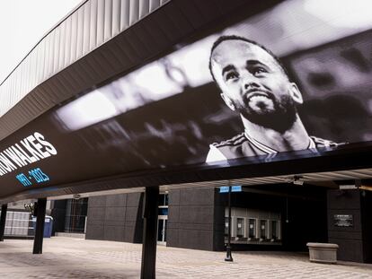 An image of Charlotte Football Club soccer player Anton Walkes is shown on Bank of America Stadium in Charlotte, N.C., Thursday, Jan. 19, 2023.