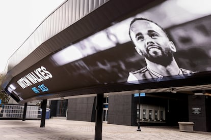 An image of Charlotte Football Club soccer player Anton Walkes is shown on Bank of America Stadium in Charlotte, N.C., Thursday, Jan. 19, 2023.