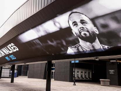 An image of Charlotte Football Club soccer player Anton Walkes is shown on Bank of America Stadium in Charlotte, N.C., Thursday, Jan. 19, 2023.