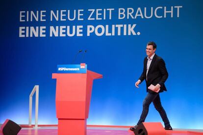 El líder del PSOE, Pedro Sánchez, este domingo en la convención de la socialdemocracia alemana (SPD).