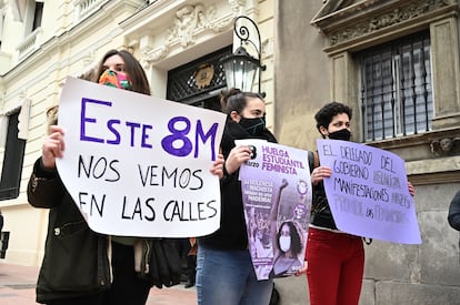 Rueda de prensa del Sindicato de Estudiantes Libres y Combativas, el jueves, para responder ante la decisión del delegado del Gobierno en Madrid de prohibir las concentraciones feministas del 8M.