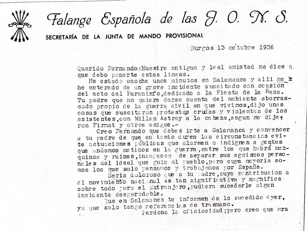 Carta a Fernando Unamuno desde la Secretaría de la Junta de Mando Provisional de las JONS en Burgos el 13 de octubre de 1936.