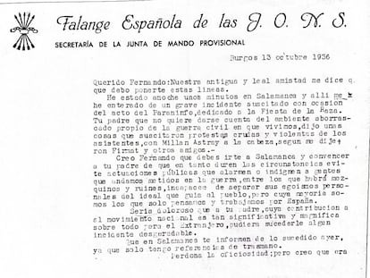 Carta a Fernando Unamuno desde la Secretaría de la Junta de Mando Provisional de las JONS en Burgos el 13 de octubre de 1936.