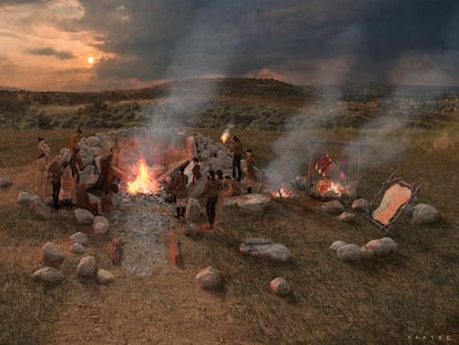 Reconstrução do último jantar antropofágico do grupo humano que ocupou Reinoso (Burgos) há 5.500 anos.