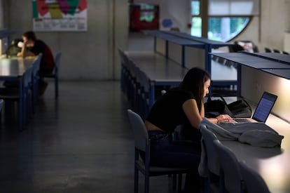 Alumnos  de la Universidad Pública de Navarra en la biblioteca.