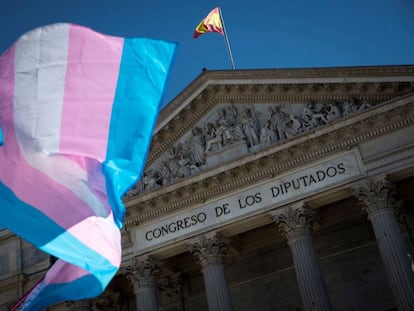Una bandera del orgullo trans ondea ante el Congreso de los Diputados el pasado junio. Luca Piergiovanni (EFE)