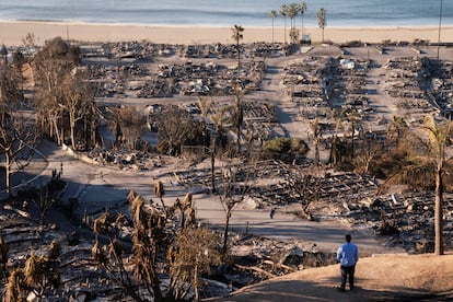 A utility worker looks at damage caused by the Palisades Fire on Jan. 12.