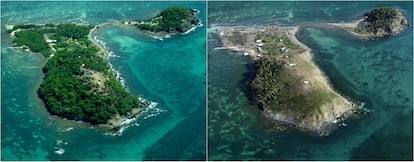 Aspecto da ilha antes e depois do furacão Maria. 