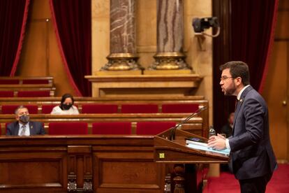 El presidente del Govern en funciones, Pere Aragonès, en el Parlament.