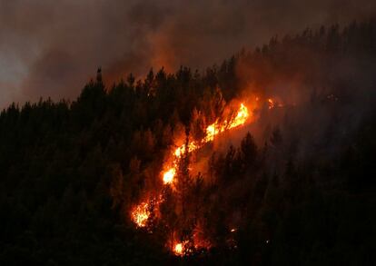 En todo Portugal, cerca de 2.000 bomberos están movilizados en 80 frentes. En la imagen, las llamas vistas cerca de la localidad portuguesa de Carvalho, el 19 de junio de 2017.