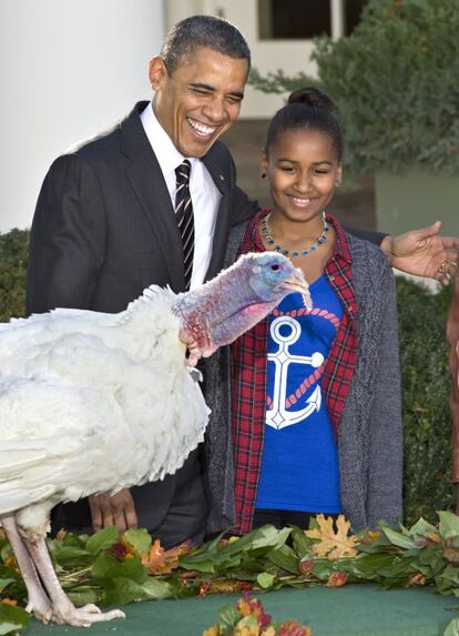 Obama, junto a su hija Sasha, durante el acto de indulto al pavo.