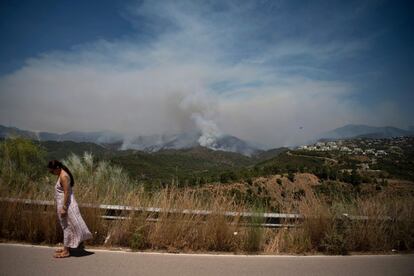 El humo del incendio en la cordillera de Sierra Bermeja se ve desde Benahavís. Un total de 500 bomberos forestales y otros profesionales del Infoca y de los servicios provinciales trabajan sobre el terreno, así como diez agrupaciones del Voluntariado de Protección Civil.