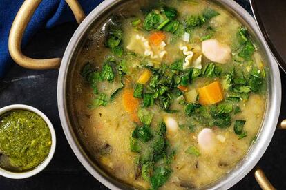 Minestrone with carrot, pumpkin and cod.