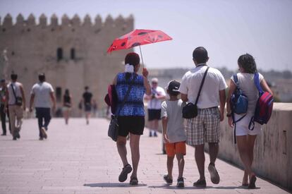 Turistas pasean por el Puente Romano de Córdoba.