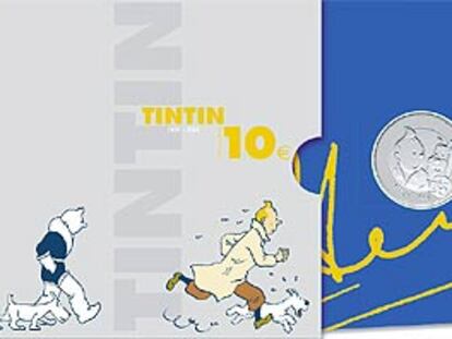Aspecto de la moneda conmemorativa de 10 euros editada con motivo del 75º aniversario de Tintín.