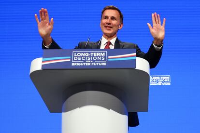 British Chancellor of the Exchequer, Jeremy Hunt, gestures at Britain's Conservative Party's annual conference in Manchester, Britain, October 2, 2023.