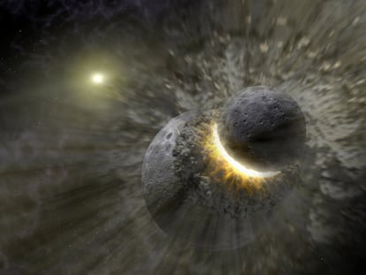 Ilustração artística mostrando uma colisão planetária perto da estrela Vega, semelhante à que poderia ter criado a Lua.