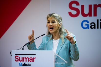 La líder de Sumar, Yolanda Díaz, durante su intervención en un acto en Santiago de Compostela el jueves. 
