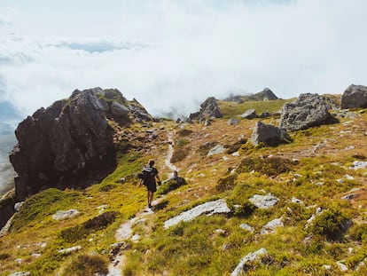 Un senderista por la zona del valle de Campoo (Cantabria).