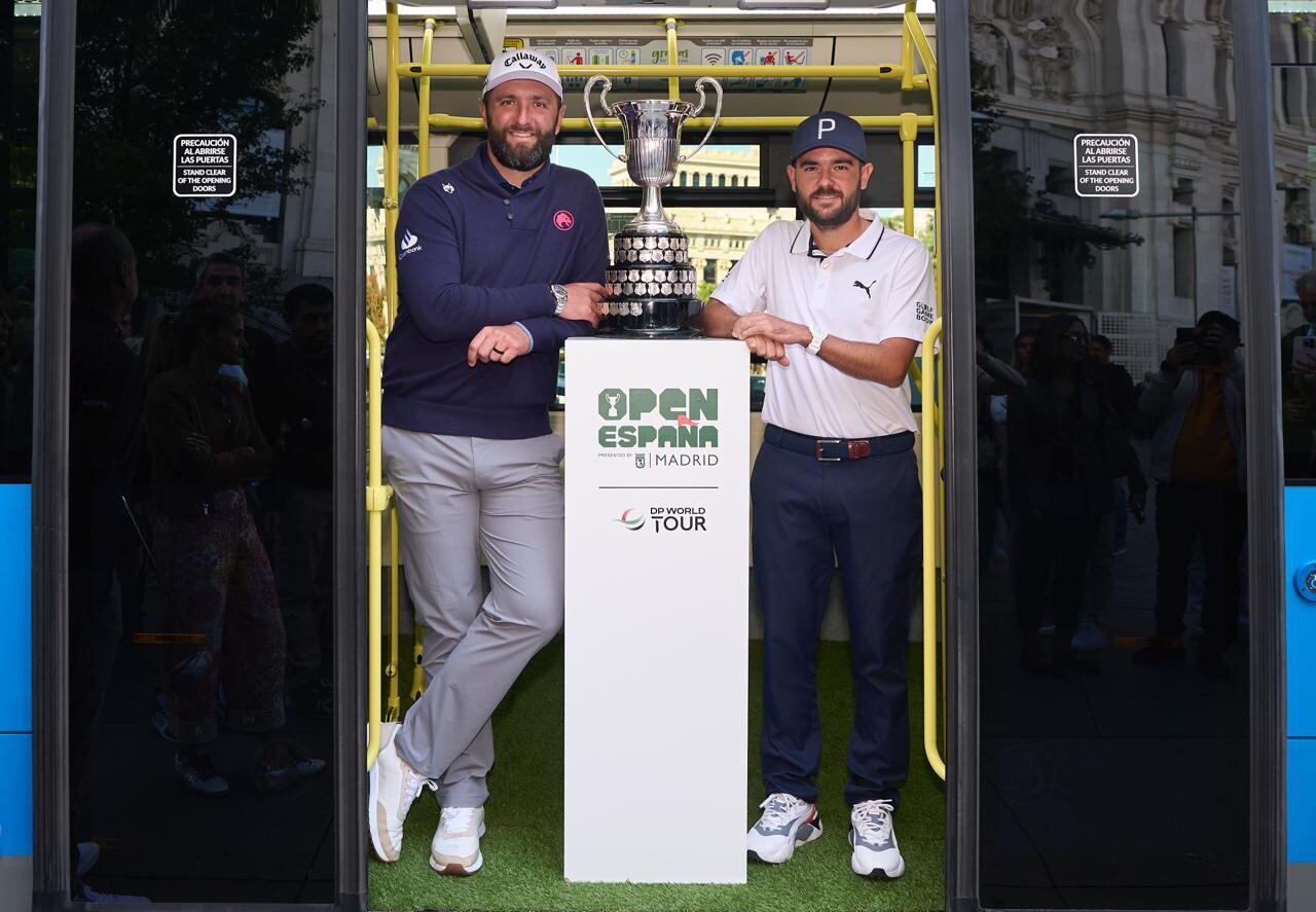 Jon Rahm y Ángel Hidalgo, este martes en la presentación del Open de España, en Madrid.