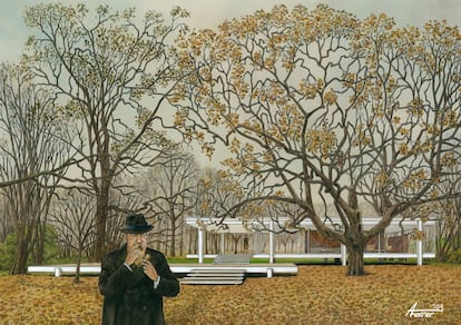 Van Der Rohe frente a la Casa Farnsworth, en una ilustración de Agustín Ferrer Casas, autor de 'Mies', novela gráfica sobre la vida del arquitecto.