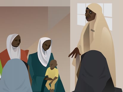 La ilustración representa a la trabajadora sanitaria Amina Ahmed instruyendo a un grupo de madres sobre las vacunas.