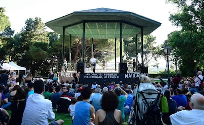 Mitin de Jean-Luc Mélenchon, líder de la formación de izquierdas Francia Insumisa, y Pablo Iglesias, líder de Podemos, en Madrid en julio de 2018. 